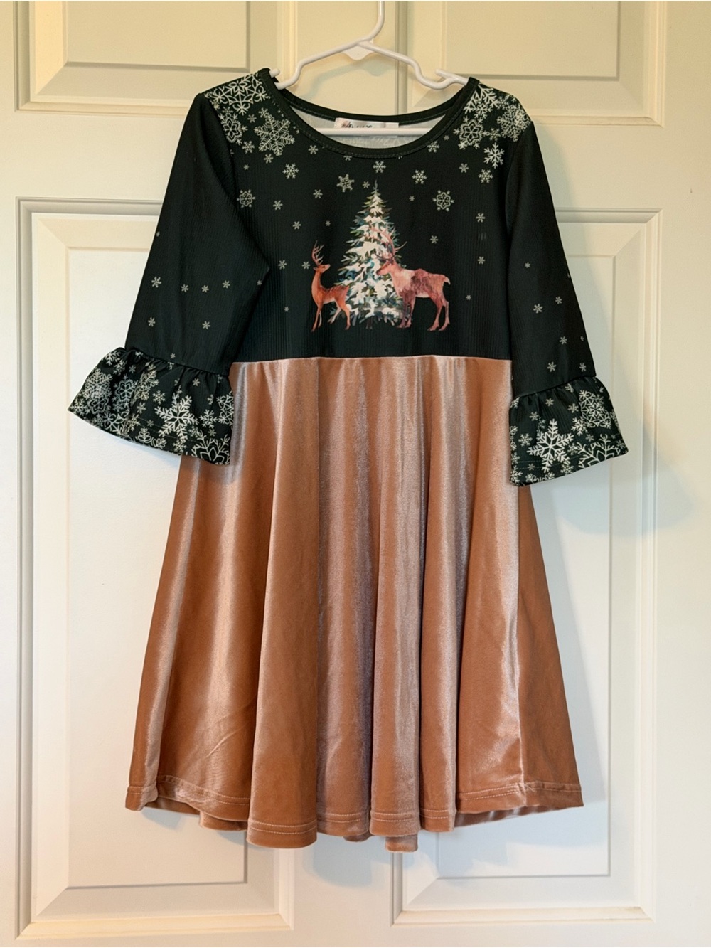 Girls Holiday Velvet Skirt Dress with Reindeer Tree Print - Green and Rose Gold